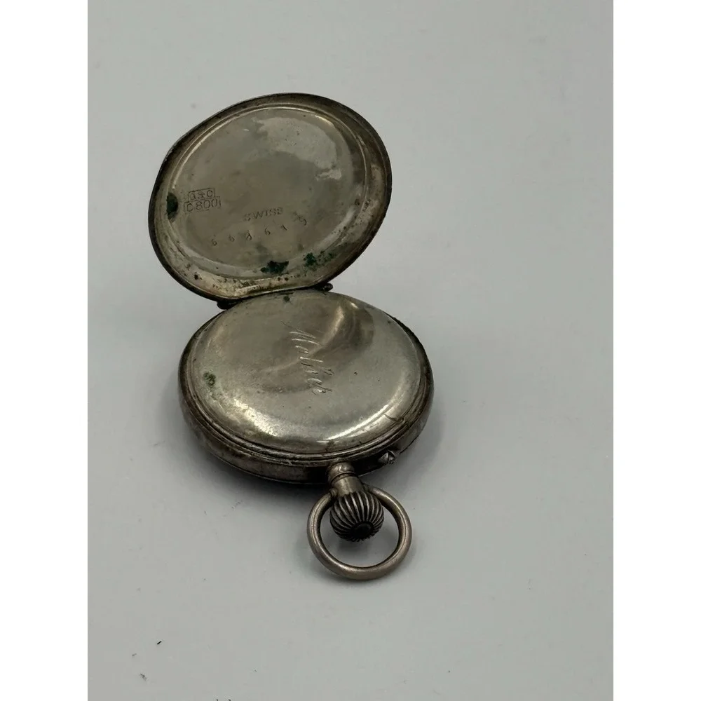 Antique Swiss 800 Silver Hunter Case Pocket Watch Engraved Swan Roman Numeral
